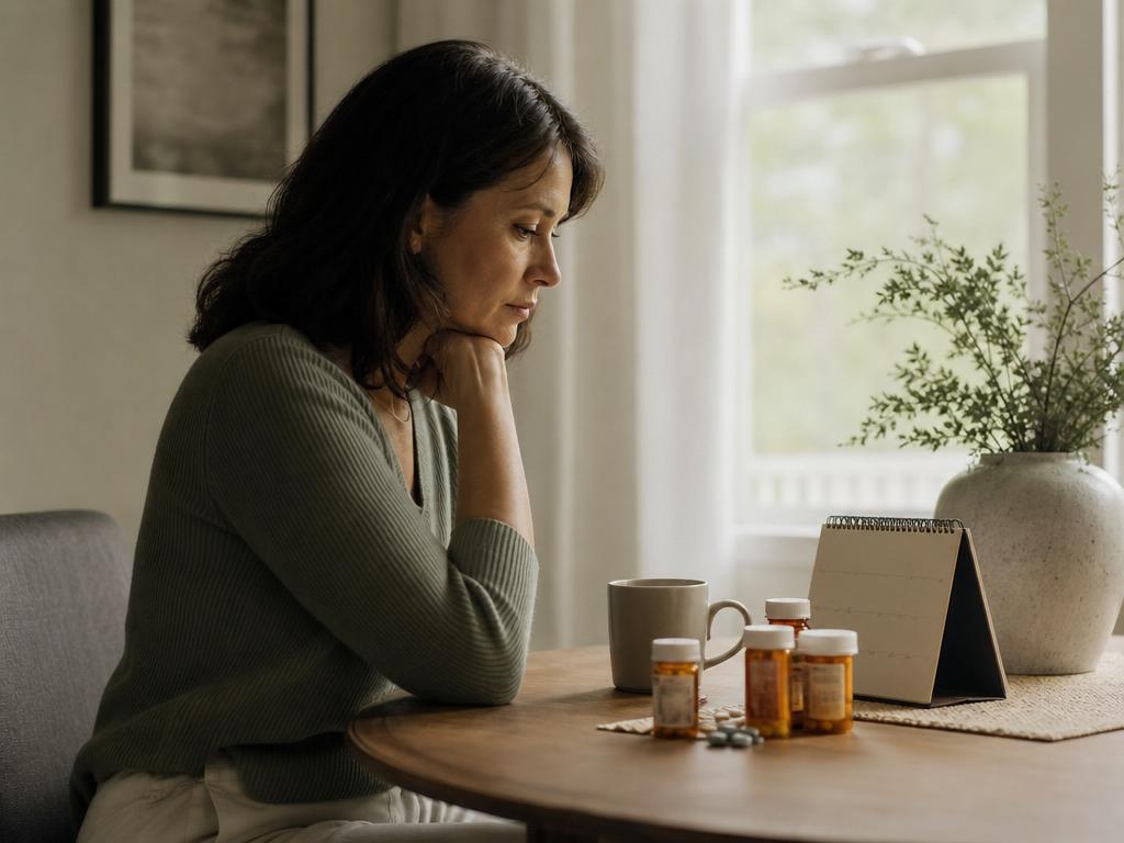 Person contemplating medication bottles and calendar