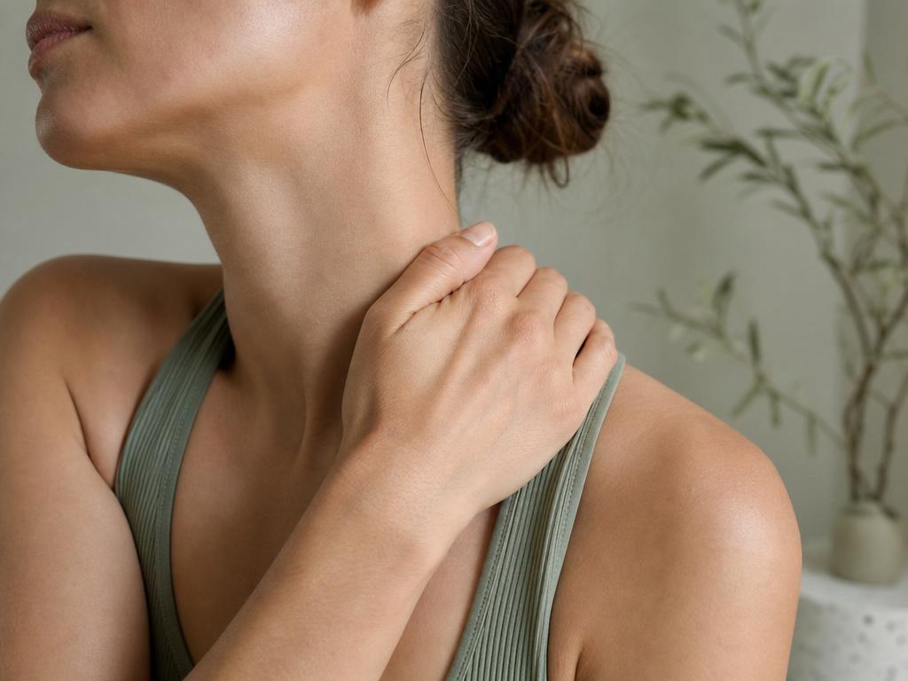 Person holding neck and shoulder with tension