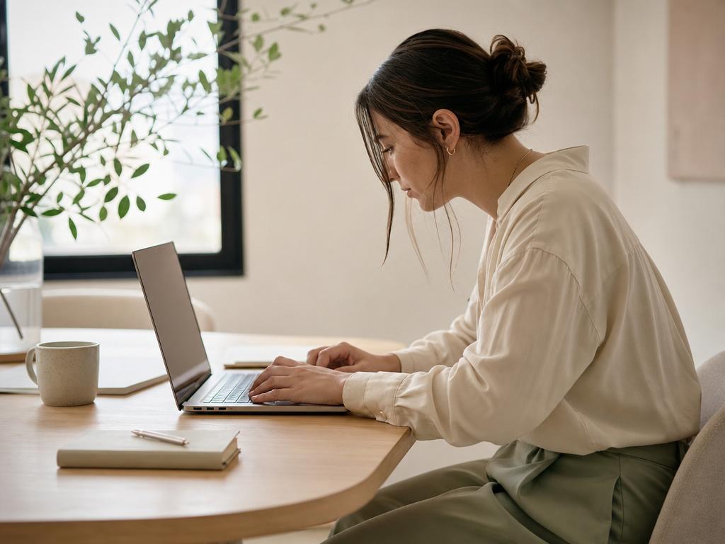 Woman working at laptop with forward-head posture