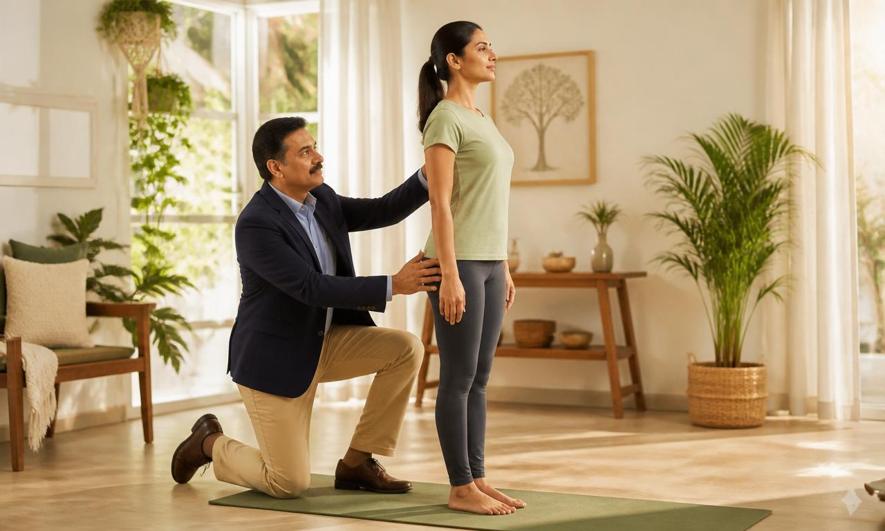 Confident upright posture in a calm Indian home interior